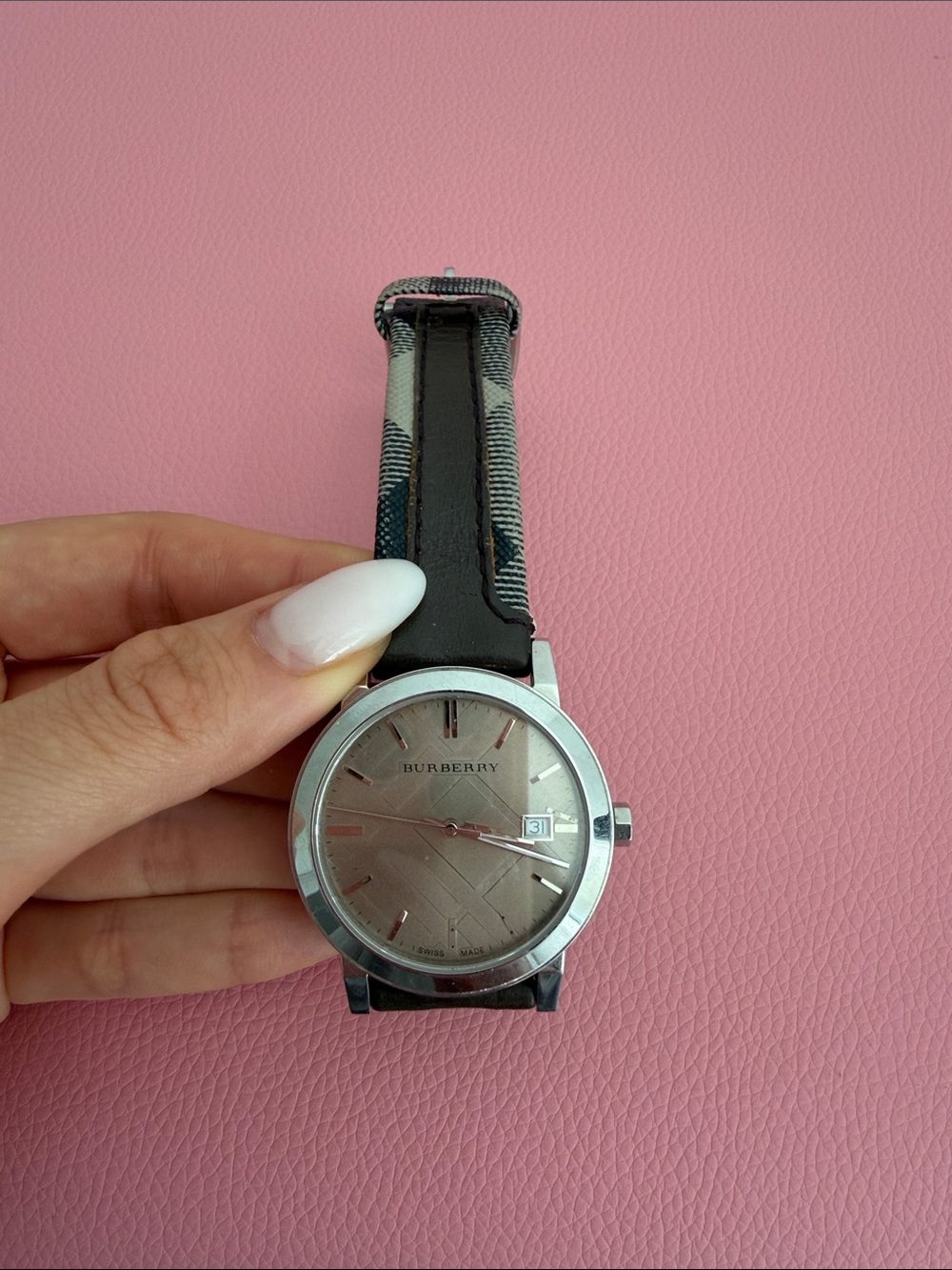 Burberry Men's Silver Dial Watch with Black & Beige Check Strap